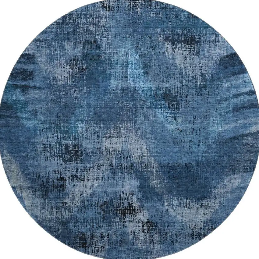 8' Blue Ivory And Charcoal Abstract Washable Round Rug With UV Protection Photo 4