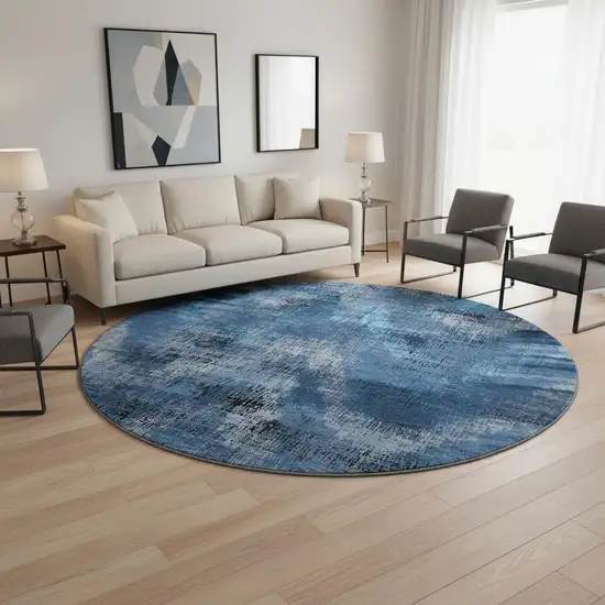 8' Blue Ivory And Charcoal Abstract Washable Round Rug With UV Protection Photo 2