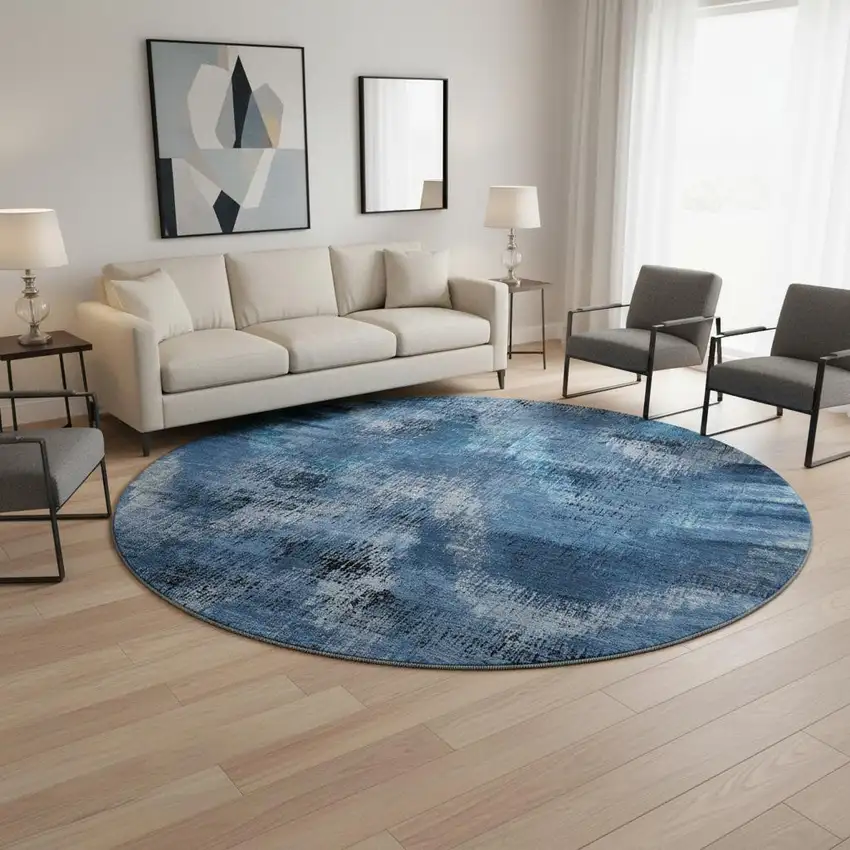 8' Blue Ivory And Charcoal Abstract Washable Round Rug With UV Protection Photo 2