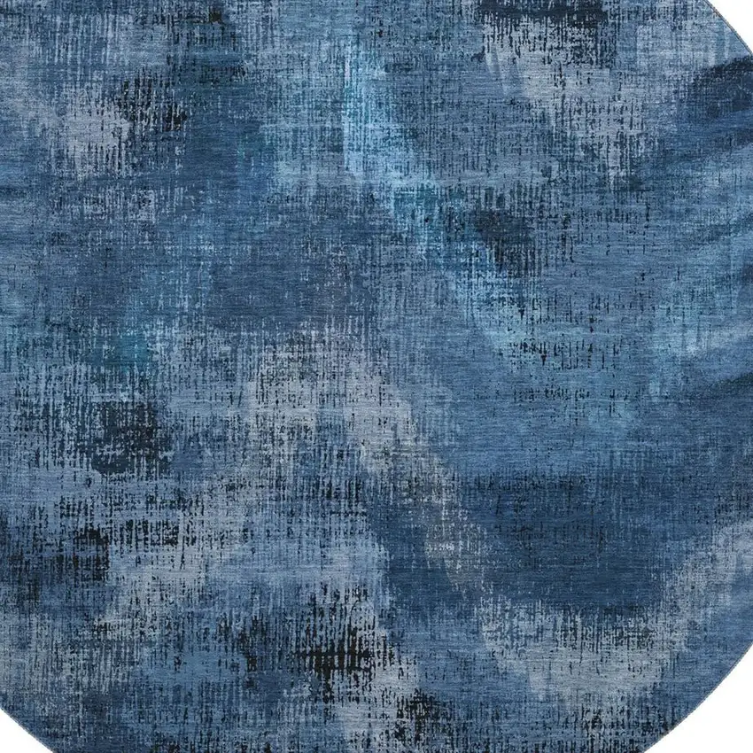 8' Blue Ivory And Charcoal Abstract Washable Round Rug With UV Protection Photo 3