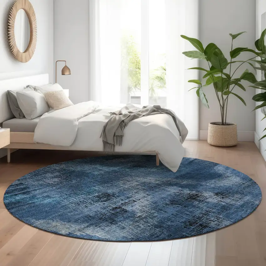 8' Blue Ivory And Charcoal Abstract Washable Round Rug With UV Protection Photo 5