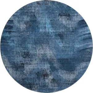 Photo of 8' Blue Ivory And Charcoal Abstract Washable Round Rug With UV Protection