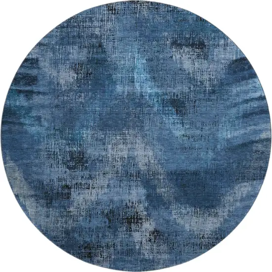 8' Blue Ivory And Charcoal Abstract Washable Round Rug With UV Protection Photo 1