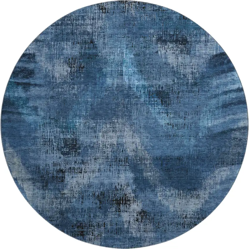 8' Blue Ivory And Charcoal Abstract Washable Round Rug With UV Protection Photo 1