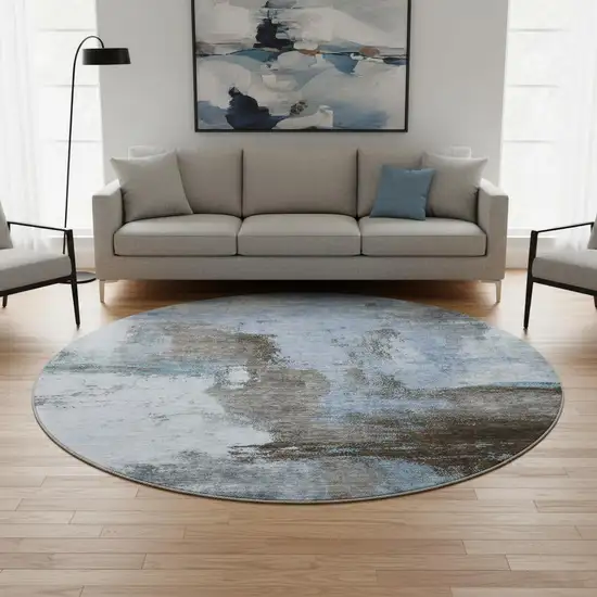 8' Blue Ivory And Charcoal Abstract Washable Round Rug With UV Protection Photo 2