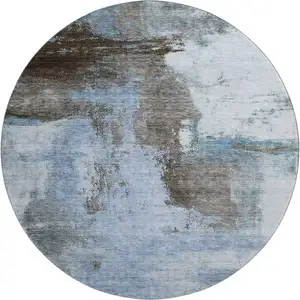 Photo of 8' Blue Ivory And Charcoal Abstract Washable Round Rug With UV Protection