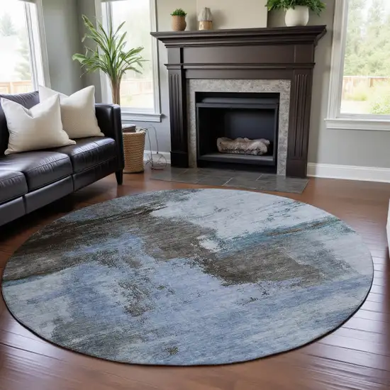 8' Blue Ivory And Charcoal Abstract Washable Round Rug With UV Protection Photo 4