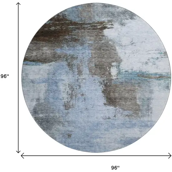 8' Blue Ivory And Charcoal Abstract Washable Round Rug With UV Protection Photo 9