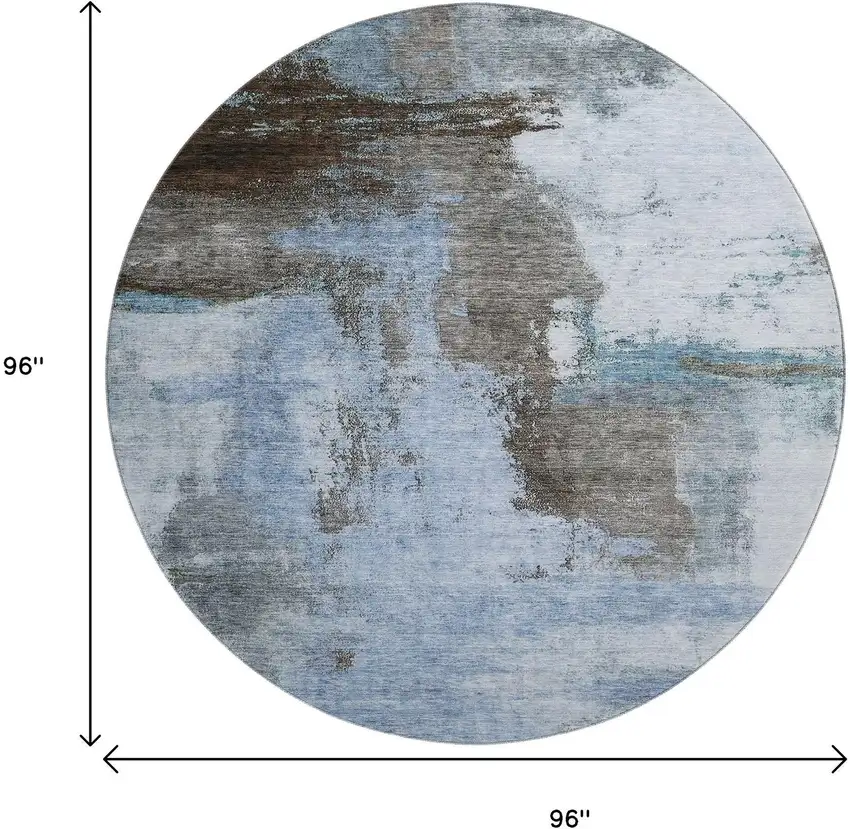 8' Blue Ivory And Charcoal Abstract Washable Round Rug With UV Protection Photo 9
