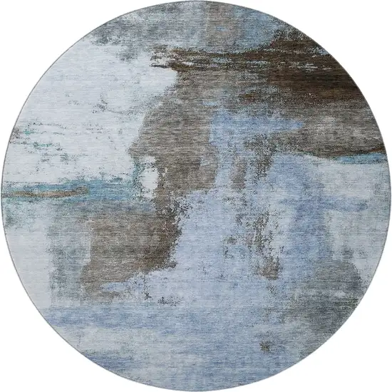 8' Blue Ivory And Charcoal Abstract Washable Round Rug With UV Protection Photo 3