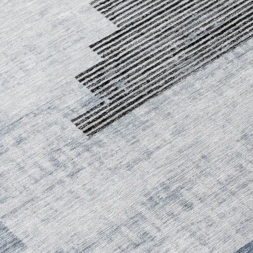 8' Blue Ivory And Charcoal Round Geometric Washable Indoor Outdoor Area Rug Photo 8