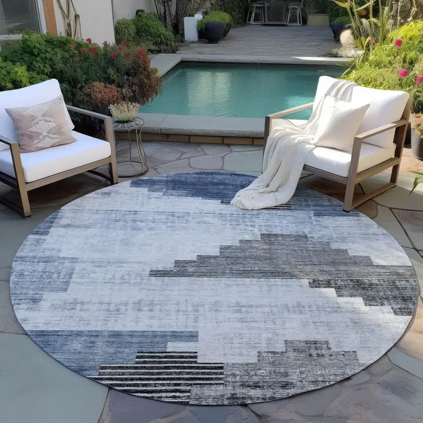 8' Blue Ivory And Charcoal Round Geometric Washable Indoor Outdoor Area Rug Photo 5