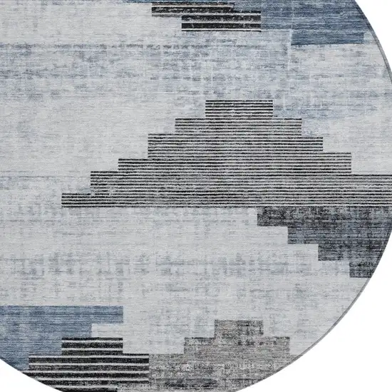 8' Blue Ivory And Charcoal Round Geometric Washable Indoor Outdoor Area Rug Photo 8