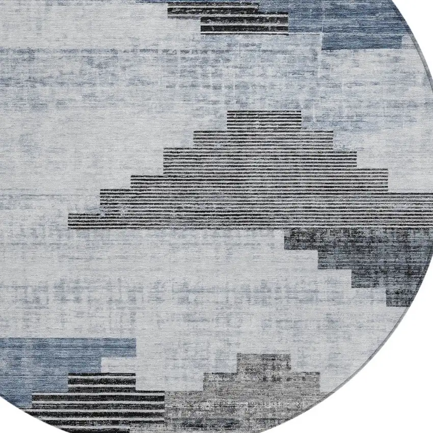 8' Blue Ivory And Charcoal Round Geometric Washable Indoor Outdoor Area Rug Photo 8