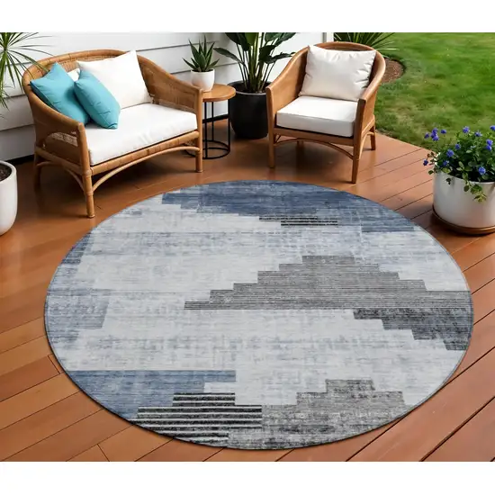 8' Blue Ivory And Charcoal Round Geometric Washable Indoor Outdoor Area Rug Photo 2