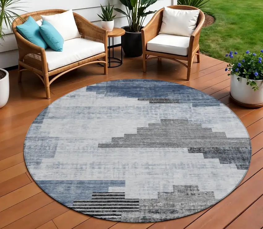 8' Blue Ivory And Charcoal Round Geometric Washable Indoor Outdoor Area Rug Photo 2