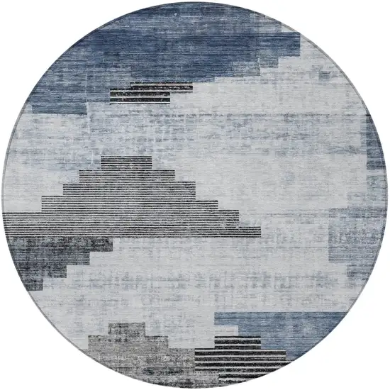 8' Blue Ivory And Charcoal Round Geometric Washable Indoor Outdoor Area Rug Photo 3