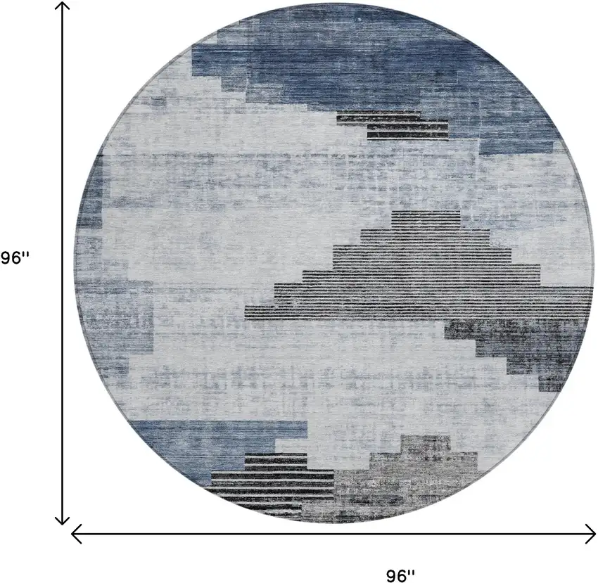 8' Blue Ivory And Charcoal Round Geometric Washable Indoor Outdoor Area Rug Photo 9