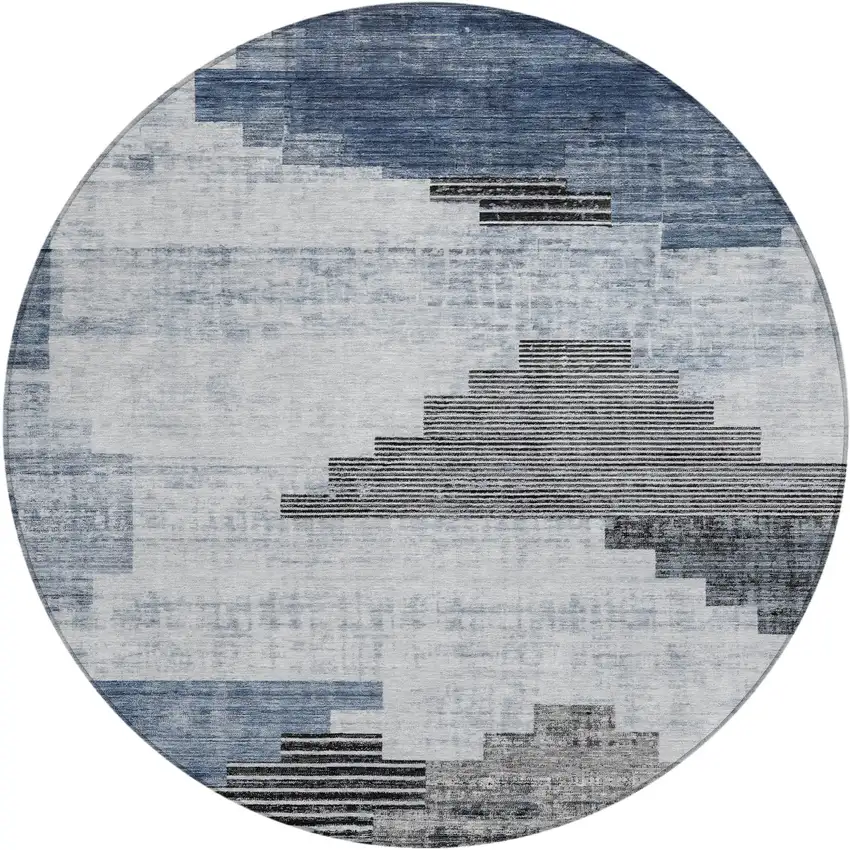 8' Blue Ivory And Charcoal Round Geometric Washable Indoor Outdoor Area Rug Photo 1