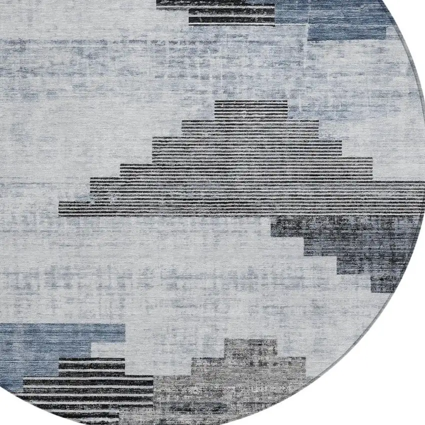 8' Blue Ivory And Charcoal Round Geometric Washable Indoor Outdoor Area Rug Photo 4
