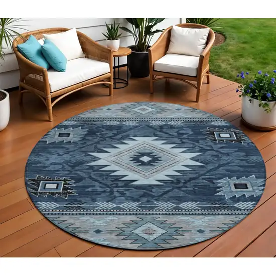 8' Blue Ivory And Charcoal Round Tribal Washable Indoor Outdoor Area Rug Photo 2