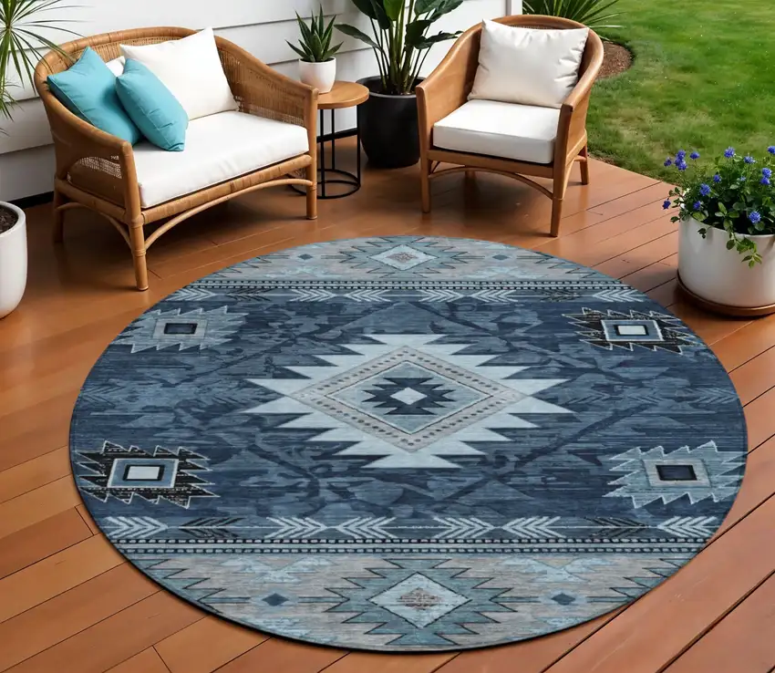 8' Blue Ivory And Charcoal Round Tribal Washable Indoor Outdoor Area Rug Photo 2