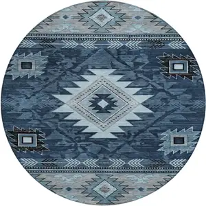 Photo of 8' Blue Ivory And Charcoal Round Tribal Washable Indoor Outdoor Area Rug
