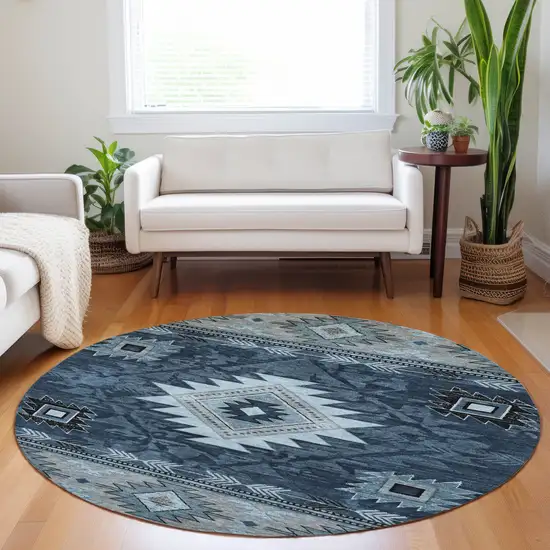 8' Blue Ivory And Charcoal Round Tribal Washable Indoor Outdoor Area Rug Photo 6