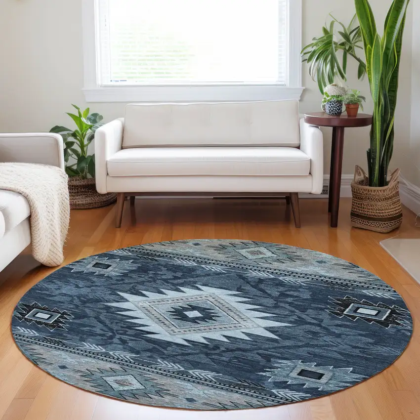 8' Blue Ivory And Charcoal Round Tribal Washable Indoor Outdoor Area Rug Photo 6