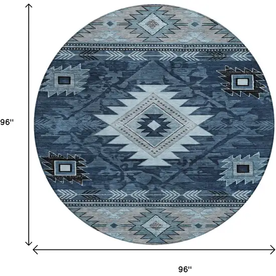 8' Blue Ivory And Charcoal Round Tribal Washable Indoor Outdoor Area Rug Photo 9
