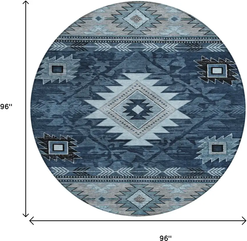 8' Blue Ivory And Charcoal Round Tribal Washable Indoor Outdoor Area Rug Photo 9