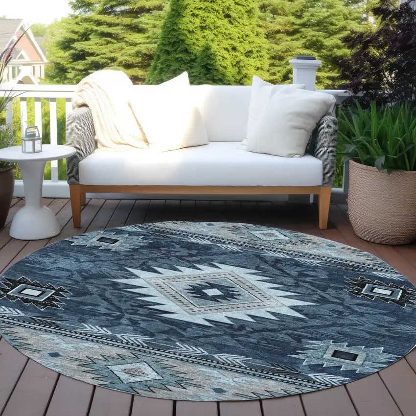 8' Blue Ivory And Charcoal Round Tribal Washable Indoor Outdoor Area Rug Photo 5