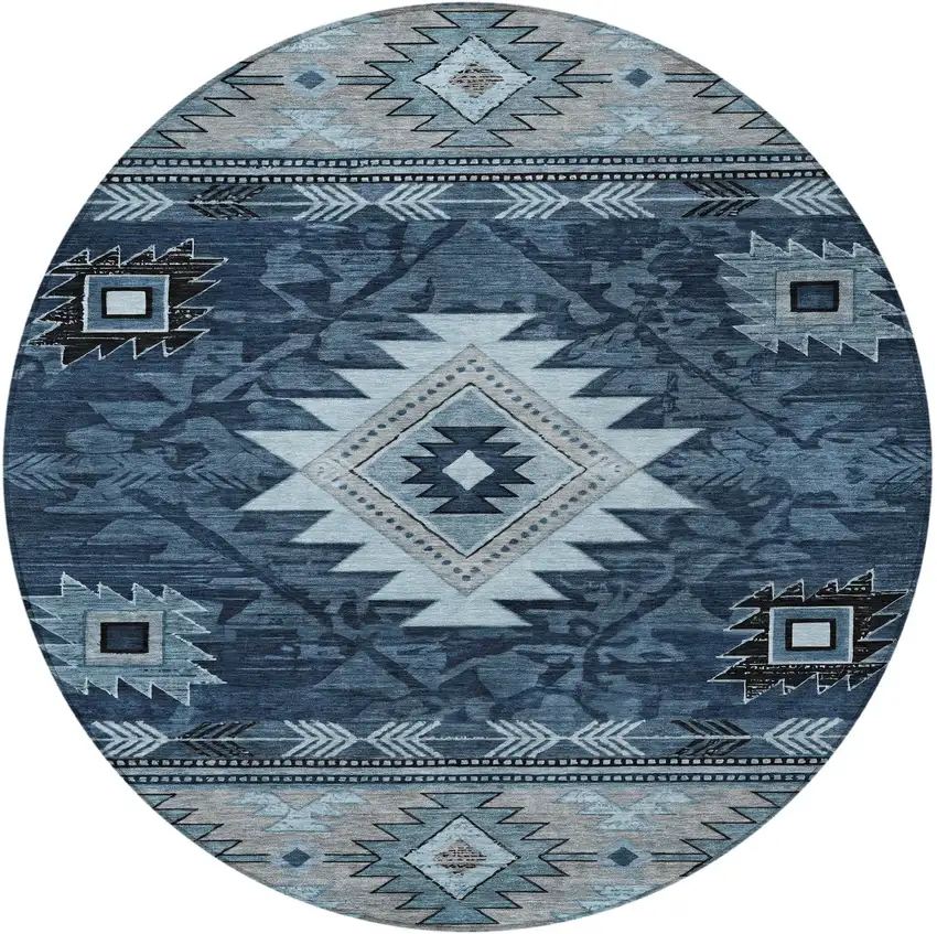 8' Blue Ivory And Charcoal Round Tribal Washable Indoor Outdoor Area Rug Photo 4