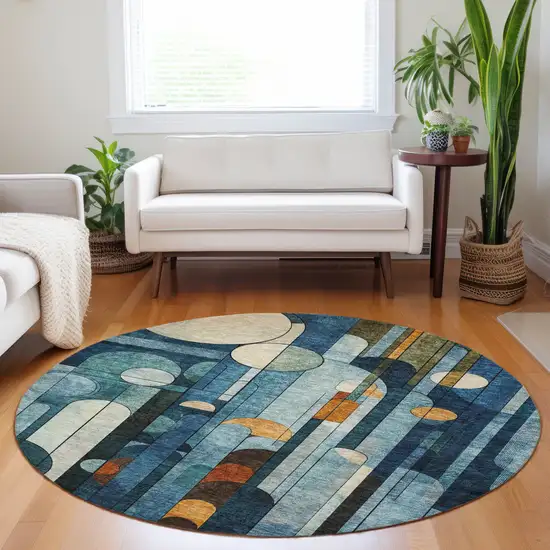 8' Blue Ivory And Copper Round Geometric Washable Indoor Outdoor Area Rug Photo 9
