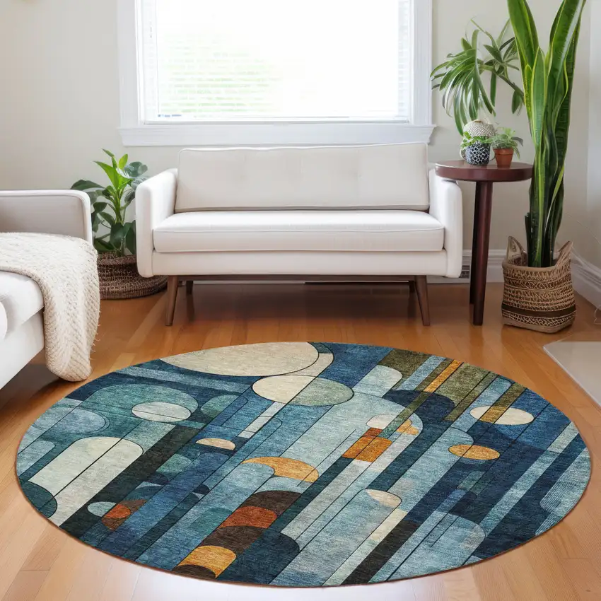 8' Blue Ivory And Copper Round Geometric Washable Indoor Outdoor Area Rug Photo 9