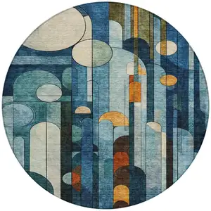 Photo of 8' Blue Ivory And Copper Round Geometric Washable Indoor Outdoor Area Rug