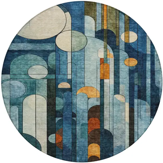 8' Blue Ivory And Copper Round Geometric Washable Indoor Outdoor Area Rug Photo 2