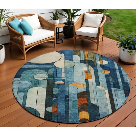 8' Blue Ivory And Copper Round Geometric Washable Indoor Outdoor Area Rug Photo 1