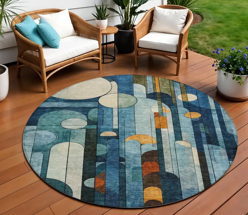 8' Blue Ivory And Copper Round Geometric Washable Indoor Outdoor Area Rug Photo 1