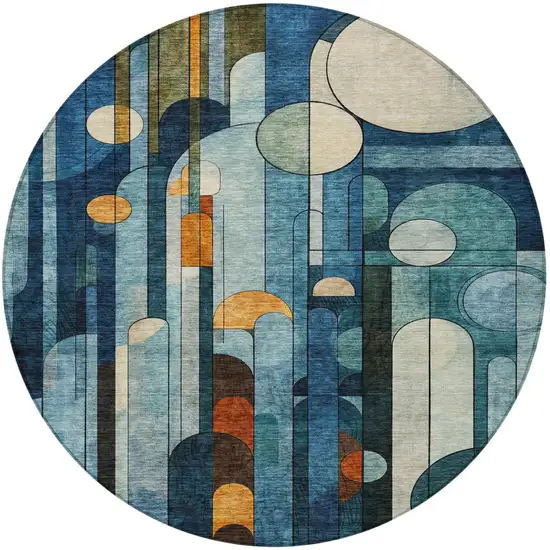8' Blue Ivory And Copper Round Geometric Washable Indoor Outdoor Area Rug Photo 7