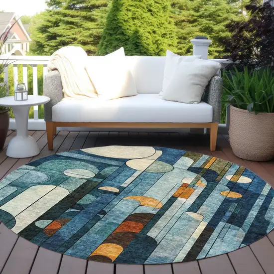 8' Blue Ivory And Copper Round Geometric Washable Indoor Outdoor Area Rug Photo 8