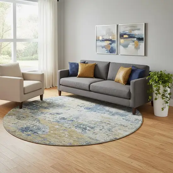 8' Blue Ivory And Gold Abstract Washable Round Rug With UV Protection Photo 1