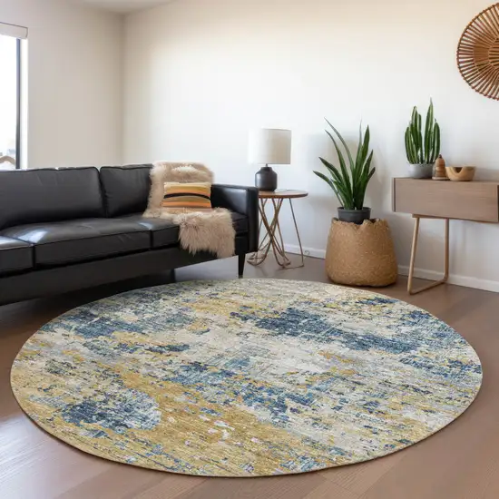 8' Blue Ivory And Gold Abstract Washable Round Rug With UV Protection Photo 6