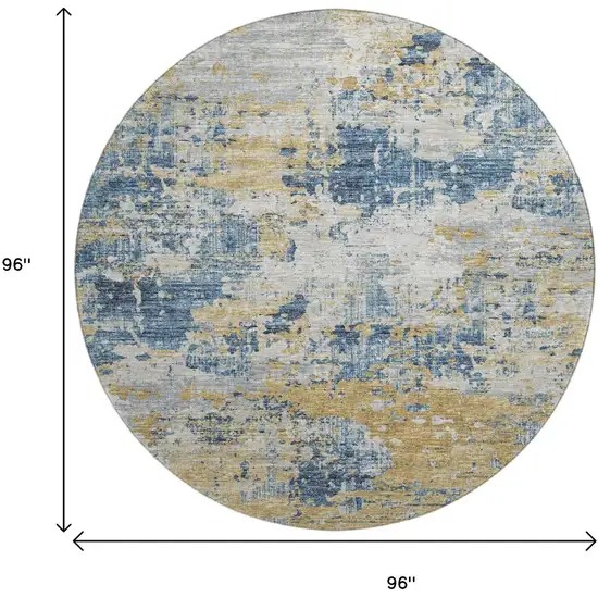 8' Blue Ivory And Gold Abstract Washable Round Rug With UV Protection Photo 3