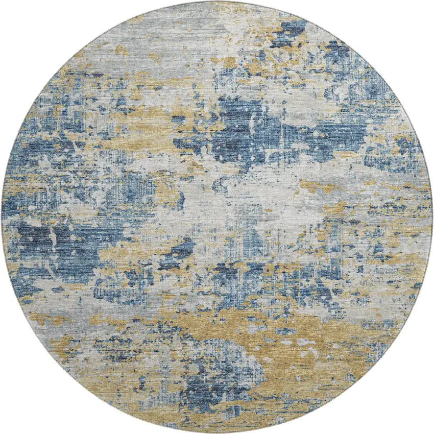8' Blue Ivory And Gold Abstract Washable Round Rug With UV Protection Photo 2