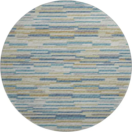 8' Blue Ivory And Gold Abstract Washable Round Rug With UV Protection Photo 2