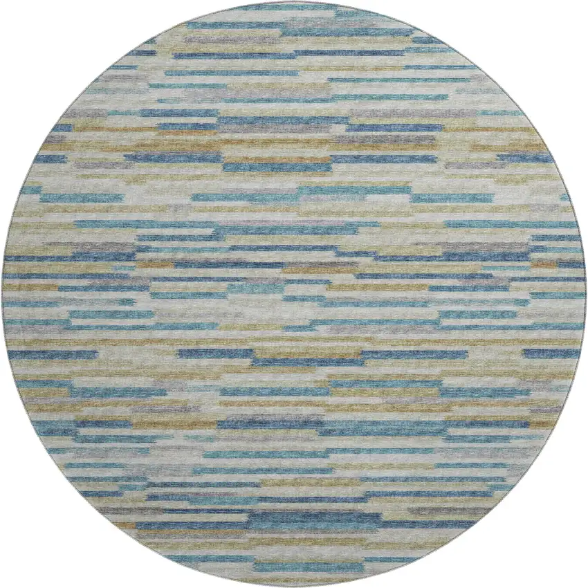 8' Blue Ivory And Gold Abstract Washable Round Rug With UV Protection Photo 2