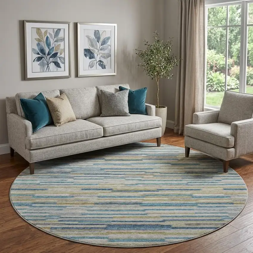 8' Blue Ivory And Gold Abstract Washable Round Rug With UV Protection Photo 1