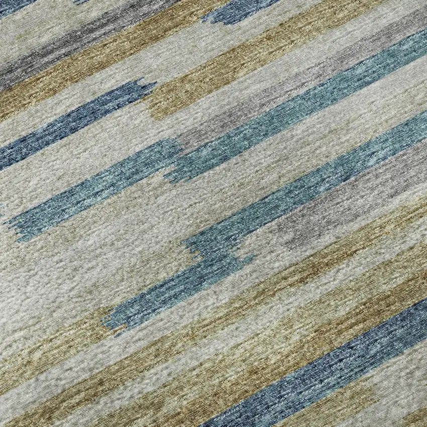 8' Blue Ivory And Gold Abstract Washable Round Rug With UV Protection Photo 8