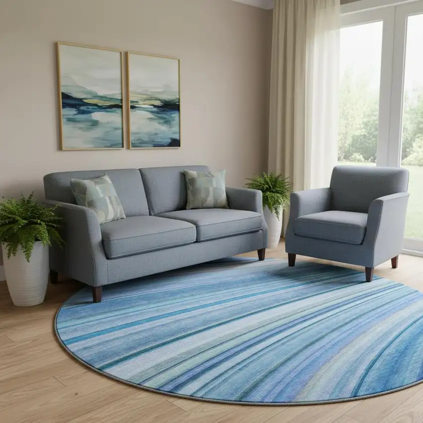 8' Blue Ivory And Gold Abstract Washable Round Rug With UV Protection Photo 1